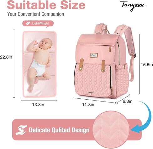 Baby Diaper Bag Backpack - Waterproof Leather Diaper Bags, Quilted Diaper Backpack with Changing Pad, Insulated Pockets, Stroller Buckle, Travel Essentials Baby Bag for Mom Dad, Black in Saudi Arabia