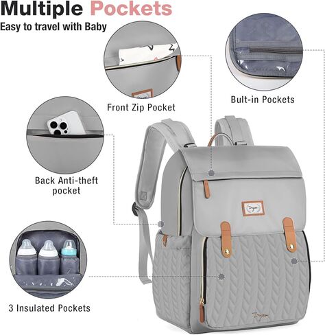 Baby Diaper Bag Backpack - Waterproof Leather Diaper Bags, Quilted Diaper Backpack with Changing Pad, Insulated Pockets, Stroller Buckle, Travel Essentials Baby Bag for Mom Dad, Black in Kuwait