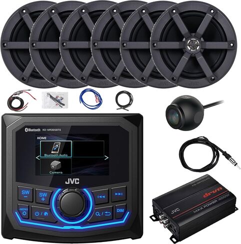 JVC 2.7 بوصة عرض بلوتوث خلفي USB/AUX AM/FM/Weatherband راديو الوسائط الرقمية، 6X 6.5 ثنائي الاتجاه 100 واط بحد أقصى مكبرات صوت للقارب الأسود، مضخم صوت 4 قنوات مع مجموعة، هوائي، كاميرا الرؤية الخلفية in Saudi Arabia
