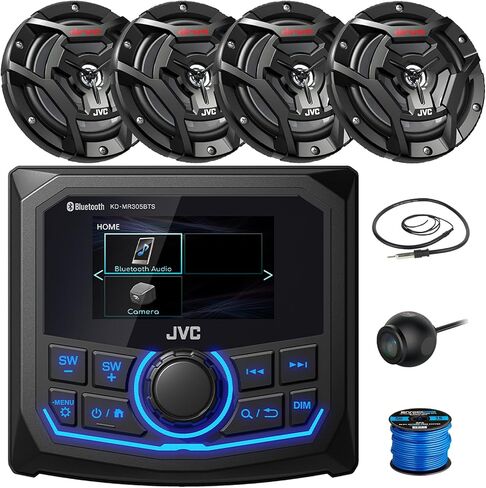 JVC 2.7 بوصة شاشة بلوتوث خلفية USB/AUX AM/FM/Weatherband راديو الوسائط الرقمية، 4X 6.5 150 واط مكبرات صوت سوداء محورية مقاومة للماء في اتجاهين مع سلك، كاميرا الرؤية الخلفية، هوائي in Saudi Arabia