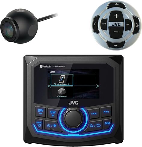 JVC Motorsports 2.7" Display Bluetooth Rear USB/AUX AM/FM/Weatherband Marine Radio Digital Media Receiver Bunde Combo with Boat Wired Remote Control, Rear View Camera with Color CMOS Sensor in Saudi Arabia