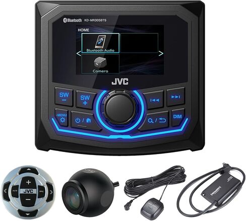 JVC Motorsports 2.7 بوصة عرض بلوتوث خلفي USB/AUX AM/FM/Weatherband راديو الوسائط الرقمية، مجموعة موالف راديو الأقمار الصناعية، جهاز تحكم عن بعد سلكي، كاميرا الرؤية الخلفية مع مستشعر CMOS الملون in Saudi Arabia