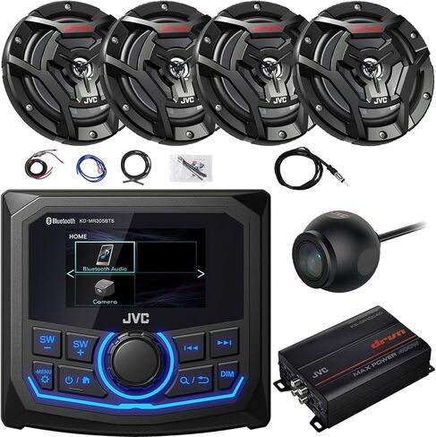 JVC 2.7 بوصة شاشة بلوتوث خلفية USB/AUX AM/FM/Weatherband Marine Radio مستقبل الوسائط الرقمية، 4X 6.5 150W Peak 2 Way مكبرات صوت سوداء محورية، مضخم صوت 4 قنوات مع مجموعة، هوائي، كاميرا الرؤية الخلفية in Saudi Arabia