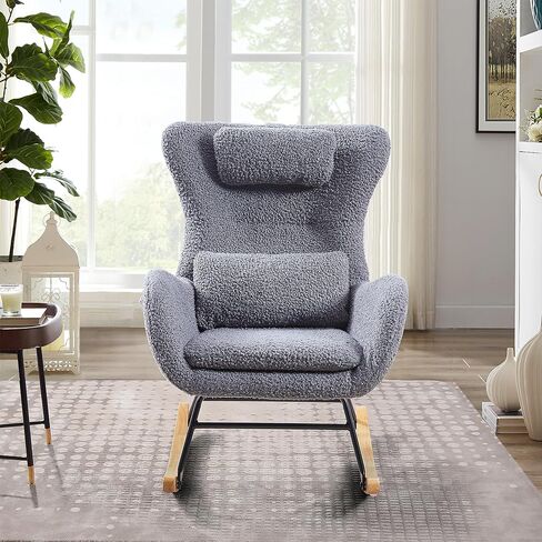 Gentle Rocking Chair for Nursery, Modern High Backrest Rocker with Adjustable Headrest, Cashmere Fabric, Solid Wood & Metal Frame, Suitable for Baby Care & Elderly Relaxation, Gray in Kuwait