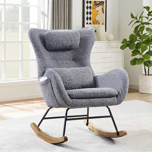 Gentle Rocking Chair for Nursery, Modern High Backrest Rocker with Adjustable Headrest, Cashmere Fabric, Solid Wood & Metal Frame, Suitable for Baby Care & Elderly Relaxation, Gray in Kuwait