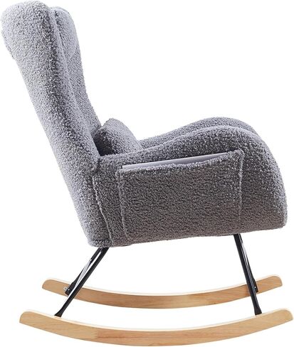 Gentle Rocking Chair for Nursery, Modern High Backrest Rocker with Adjustable Headrest, Cashmere Fabric, Solid Wood & Metal Frame, Suitable for Baby Care & Elderly Relaxation, Gray in Kuwait