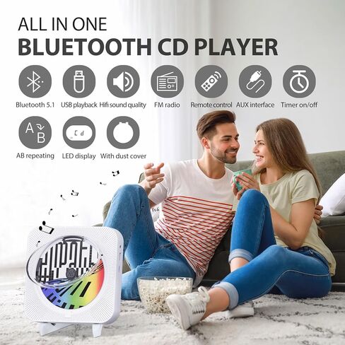 مشغل أقراص مضغوطة بلوتوث محمول مع مكبرات صوت هاي فاي مدمجة، ومشغل أقراص مضغوطة لسطح المكتب قابل لإعادة الشحن مع شاشة LCD، يدعم راديو CD/FM/USB/AUX (أسود) in Kuwait