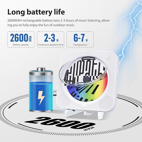 مشغل أقراص مضغوطة بلوتوث محمول مع مكبرات صوت هاي فاي مدمجة، ومشغل أقراص مضغوطة لسطح المكتب قابل لإعادة الشحن مع شاشة LCD، يدعم راديو CD/FM/USB/AUX (أسود) in Kuwait