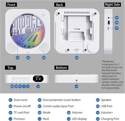 مشغل أقراص مضغوطة بلوتوث محمول مع مكبرات صوت هاي فاي مدمجة، ومشغل أقراص مضغوطة لسطح المكتب قابل لإعادة الشحن مع شاشة LCD، يدعم راديو CD/FM/USB/AUX (أسود) in Kuwait