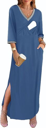 Womens Nursing Dresses 3/4 Long Sleeve Striped V Neckline Loose Fit Split Beach Long Maxi Dress with Pockets in Saudi Arabia