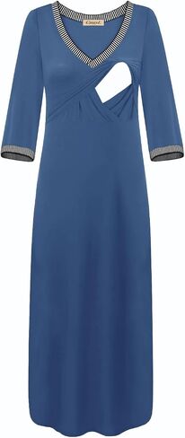 Womens Nursing Dresses 3/4 Long Sleeve Striped V Neckline Loose Fit Split Beach Long Maxi Dress with Pockets in Saudi Arabia