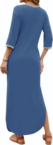 Womens Nursing Dresses 3/4 Long Sleeve Striped V Neckline Loose Fit Split Beach Long Maxi Dress with Pockets in Saudi Arabia