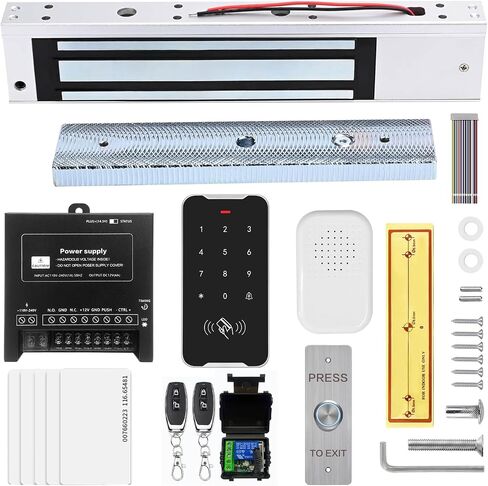 Door Access Control System Kit Set with 280kg/600lbs Electric Magnetic Lock, RFID Keypad, two Remotes,DC12V/5A Power Supply,Stainless Steel Push to Exit Button， 5pcs RFID EM ID card (C60-Kits) in Saudi Arabia
