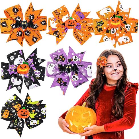 Sibba 6 Pieces Halloween Hair Bows Clip Bow Hair Pins Pumpkin Bat Pattern Cute Clip Barrette Boutique Hairband Accessories for Baby Girls in Saudi Arabia