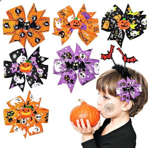 Sibba 6 Pieces Halloween Hair Bows Clip Bow Hair Pins Pumpkin Bat Pattern Cute Clip Barrette Boutique Hairband Accessories for Baby Girls in Saudi Arabia