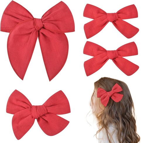 DEEKA 4 PCS Blue Cotton Linen Hair Bows 3 Styles 5" & 4" Handmade Hair Bow set for Toddler Girls Alligator Hair Clips Knot Bows Hair Accessories for Little School Girls (Blue) in Kuwait