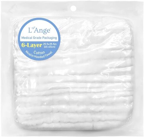 L'Ange Muslin Hooded Baby Towel - Infant Bath Towel with Hood for Newborn Babies Boy or Girl - 100% Cotton - Pack of 1 - Ready to Use Medical Grade Packaging - 6 Layers - White - 25.5x25.5 in in Saudi Arabia