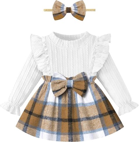 Baby Girl Clothes Infant Dress Plaid Ruffle Long Sleeve Dresses + Headband Cute Fall Winter Baby Dress in Saudi Arabia