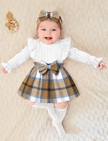 Baby Girl Clothes Infant Dress Plaid Ruffle Long Sleeve Dresses + Headband Cute Fall Winter Baby Dress in Saudi Arabia