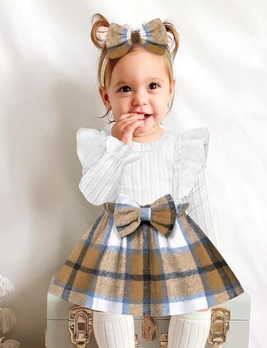 Baby Girl Clothes Infant Dress Plaid Ruffle Long Sleeve Dresses + Headband Cute Fall Winter Baby Dress in Saudi Arabia