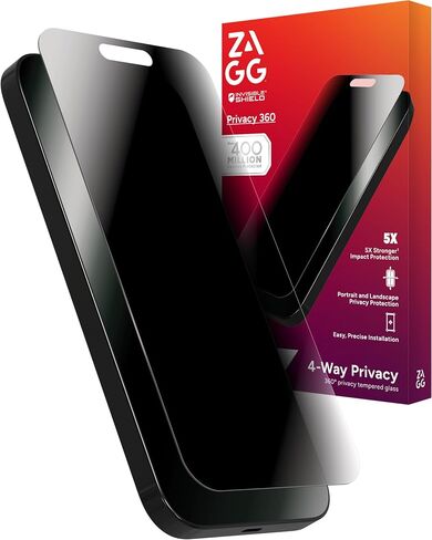 ZAGG Glass Elite Privacy 360 Screen Protector for iPhone 16 Pro Max – 4-Way Privacy, Ultra-Strong Tempered Glass, 5X Stronger, InvisibleShield, Smudge-Free, Easy Install, Recycled Content in Saudi Arabia