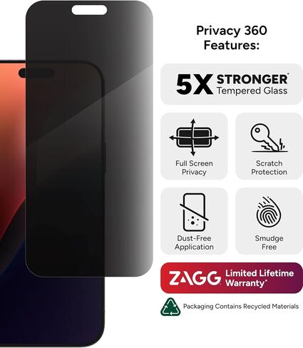 ZAGG Glass Elite Privacy 360 Screen Protector for iPhone 16 Pro Max – 4-Way Privacy, Ultra-Strong Tempered Glass, 5X Stronger, InvisibleShield, Smudge-Free, Easy Install, Recycled Content in Saudi Arabia