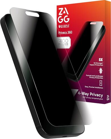 ZAGG Glass Elite Privacy 360 Screen Protector for iPhone 16 Pro Max – 4-Way Privacy, Ultra-Strong Tempered Glass, 5X Stronger, InvisibleShield, Smudge-Free, Easy Install, Recycled Content in Saudi Arabia
