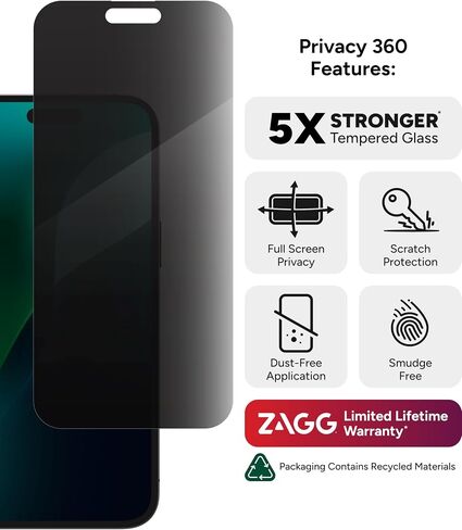 ZAGG Glass Elite Privacy 360 Screen Protector for iPhone 16 Pro Max – 4-Way Privacy, Ultra-Strong Tempered Glass, 5X Stronger, InvisibleShield, Smudge-Free, Easy Install, Recycled Content in Saudi Arabia