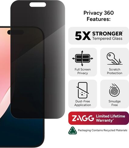 ZAGG Glass Elite Privacy 360 Screen Protector for iPhone 16 Pro Max – 4-Way Privacy, Ultra-Strong Tempered Glass, 5X Stronger, InvisibleShield, Smudge-Free, Easy Install, Recycled Content in Saudi Arabia