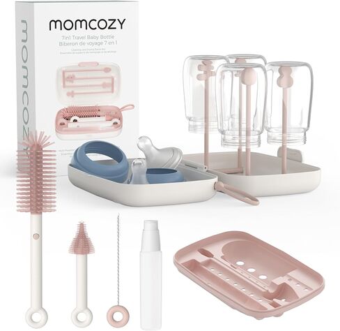 Momcozy Bottle Brush Set - Baby Bottle Cleaner Kit with Silicone Brush, Nipple Brush, Straw Brush, Soap Dispenser, Drying Rack - 7 in 1 Bottle Cleaning Tool for Home and Travel, Pink in Saudi Arabia