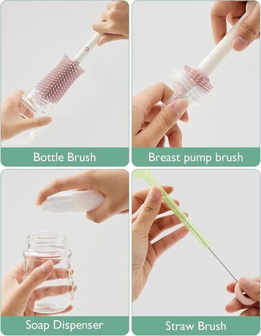 Momcozy Bottle Brush Set - Baby Bottle Cleaner Kit with Silicone Brush, Nipple Brush, Straw Brush, Soap Dispenser, Drying Rack - 7 in 1 Bottle Cleaning Tool for Home and Travel, Pink in Saudi Arabia