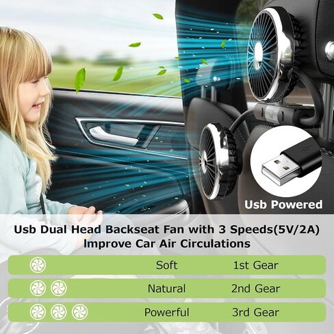Car Fan for Backseat Portable with Led Lights USB Fan for Car Cooling Fans for Kids 360 Degree Car Rear Headrest Fan Dual Head 3 Speeds Car Back Seat Fan for Sedan Vehicles RV SUV Truck in Saudi Arabia