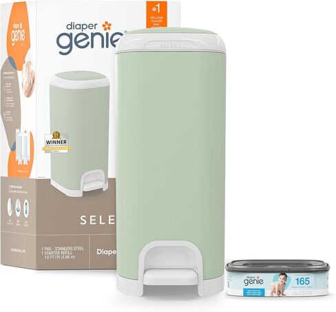 Diaper Genie Select Pail (Green) is Made of Durable Stainless Steel and Includes 1 Starter Square Refill That can Hold up to 165 Newborn-Sized Diapers. in Saudi Arabia
