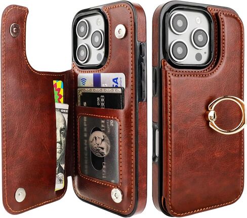 حافظة محفظة لهاتف iPhone 16 Pro مع حامل بطاقة، مسند حلقي يدور 360 درجة RFID يحجب غطاء من جلد البولي يوريثان بمشبك مغناطيسي مزدوج مضاد للصدمات للنساء والفتيات 6.3 بوصة (بني) in Saudi Arabia