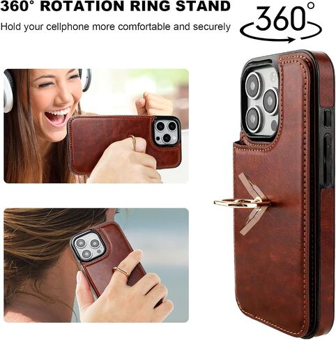 حافظة محفظة لهاتف iPhone 16 Pro مع حامل بطاقة، مسند حلقي يدور 360 درجة RFID يحجب غطاء من جلد البولي يوريثان بمشبك مغناطيسي مزدوج مضاد للصدمات للنساء والفتيات 6.3 بوصة (بني) in Saudi Arabia