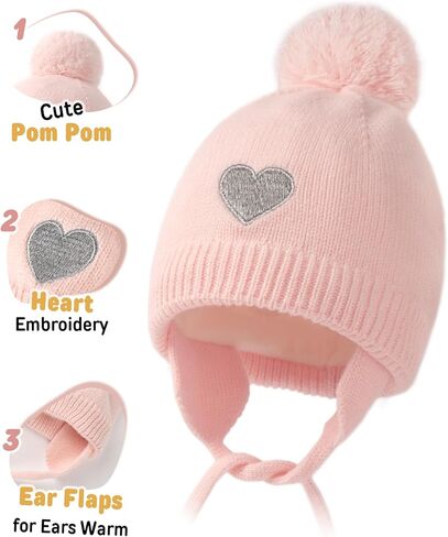 FURTALK Baby Girls Beanie with Pom Earflap Fleece Lined Winter Hat Knit Toddler Infant Hats in Saudi Arabia