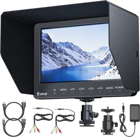 7 Inch Camera Field Monitor, 1024x600 External Video Monitor with Sunshade HD IPS Screen Photography Monitor HDMI AV Input Support 1080P for DSLR Cameras, Battery Not Included in Saudi Arabia