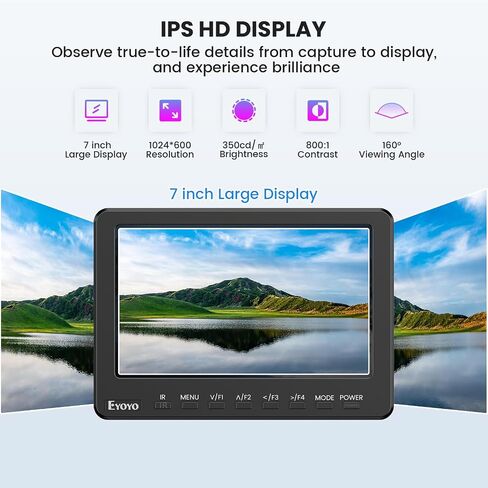 7 Inch Camera Field Monitor, 1024x600 External Video Monitor with Sunshade HD IPS Screen Photography Monitor HDMI AV Input Support 1080P for DSLR Cameras, Battery Not Included in Saudi Arabia