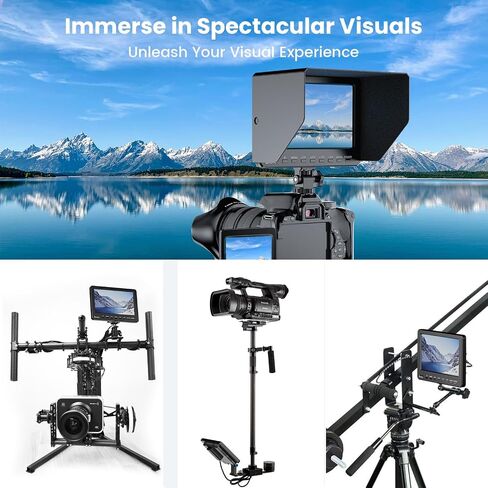 7 Inch Camera Field Monitor, 1024x600 External Video Monitor with Sunshade HD IPS Screen Photography Monitor HDMI AV Input Support 1080P for DSLR Cameras, Battery Not Included in Saudi Arabia