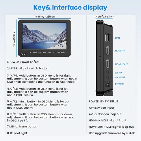 7 Inch Camera Field Monitor, 1024x600 External Video Monitor with Sunshade HD IPS Screen Photography Monitor HDMI AV Input Support 1080P for DSLR Cameras, Battery Not Included in Saudi Arabia