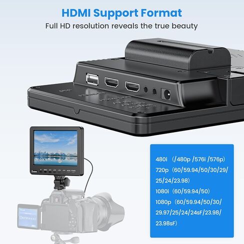 7 Inch Camera Field Monitor, 1024x600 External Video Monitor with Sunshade HD IPS Screen Photography Monitor HDMI AV Input Support 1080P for DSLR Cameras, Battery Not Included in Saudi Arabia