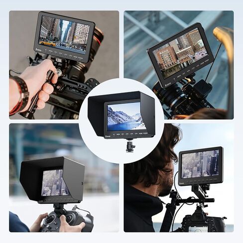 7 Inch Camera Field Monitor, 1024x600 External Video Monitor with Sunshade HD IPS Screen Photography Monitor HDMI AV Input Support 1080P for DSLR Cameras, Battery Not Included in Saudi Arabia
