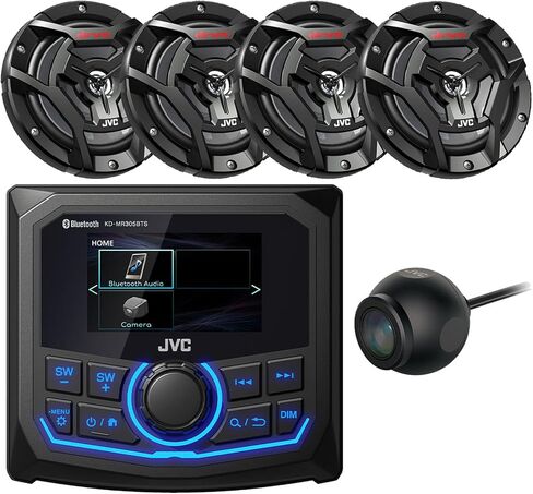 JVC Motorsports 2.7 بوصة شاشة بلوتوث خلفية USB/AUX AM/FM/Weatherband راديو بحري للوسائط الرقمية، 4X 6.5 150 واط ذروة الطاقة مكبرات صوت قارب سوداء محورية ثنائية الاتجاه، كاميرا الرؤية الخلفية in Saudi Arabia