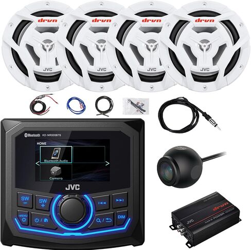 JVC 2.7" Display Bluetooth Rear USB/AUX AM/FM/Weatherband Marine Radio Digital Media Receiver, 4X 6.5 150W Peak 2 Way Coaxial White Speakers, 4-Channel Amplifier w/Kit, Antenna, Rear View Camera in Saudi Arabia