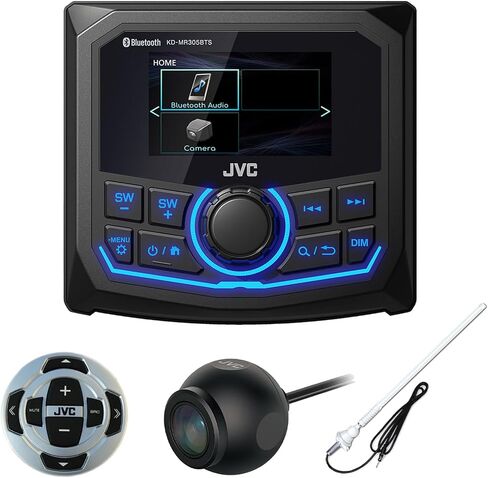 JVC Motorsports 2.7 بوصة شاشة بلوتوث خلفية USB/AUX AM/FM/Weatherband راديو بحري للوسائط الرقمية، جهاز تحكم عن بعد سلكي، كاميرا الرؤية الخلفية، هوائي راديو مرن أبيض المدى in Saudi Arabia