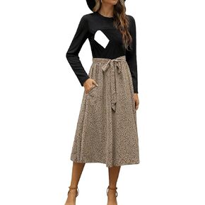 Women Nursing Dress Long Sleeve Floral Patchwork Ribbed Pregnancy Tie Waist Work Outfits with Pockets