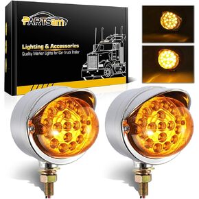 Partsam 2Pcs Clear Lens Amber 17 LED Chrome Single Face Watermelon Lights with Visor, Auxiliary Utility Turn Signal Marker Lights, Reflector Led Pedestal Lights, Single Stud