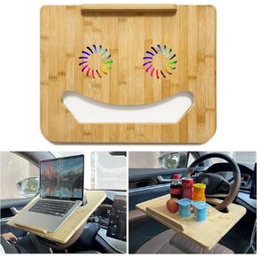 Smiley Car Steering Wheel Laptop Cooling Desk,Quiet Cooling Fan with Colored Lights,Truck&Car Writing Surface,Tablet Table-Minivan Desk,Automobile Lunch Tray/Vehicle Desk for 13"-16" Laptops