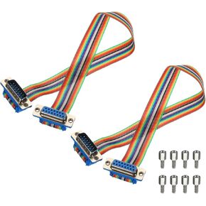 MECCANIXITY 2 Pcs IDC Rainbow Wire Flat Ribbon Cable DB15 Male to DB15 Female 11.8 Inch Length 2.54mm Pitch Breadboard Jumper Wires for Electronic Projects