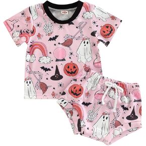 TheFound Halloween Toddler Baby Girls Outfits Pumpkin Ghost Bat Print Infant Babe Tshirts Tops Elastic Waist Newborn Shorts